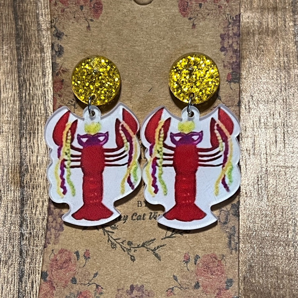Marci Gras Red Lobster Acrylic /Resin Earrings with Glittery Yellow Studs